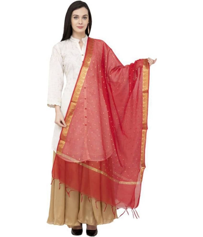 A R Silk Red Chanderi Hand Embroidered Dupatta