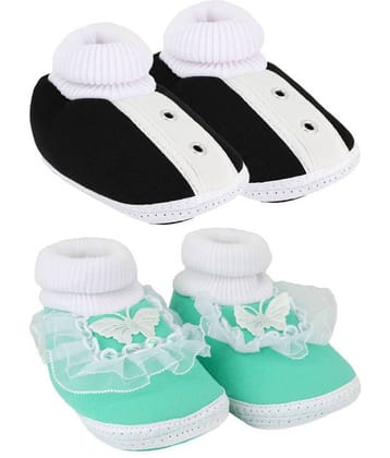 Neska Moda Pack Of 2 Baby Boys & Girls Black And Green Cotton Booties For 0 To 12 Months