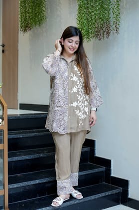 Hasrat Schiffli Embroidery Cord Set-Beige