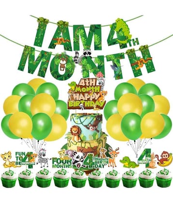 Zyozi Jungle Theme 4th Month Birthday Decoration Kids,I AM 4th Month Birthday Banner with Latex Balloons, Cake Topper and Cup Cake Topper for Baby Boy or Girl Birthday (Pack of 37)