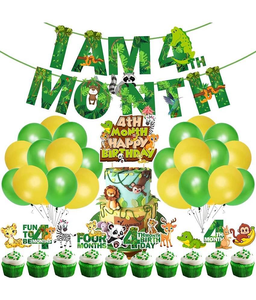 Zyozi Jungle Theme 4th Month Birthday Decoration Kids,I AM 4th Month Birthday Banner with Latex Balloons, Cake Topper and Cup Cake Topper for Baby Boy or Girl Birthday (Pack of 37)