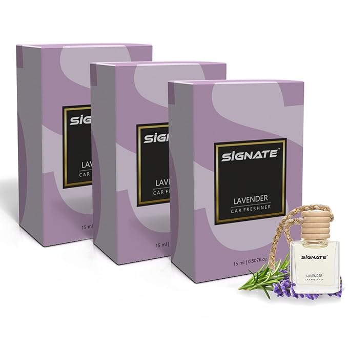 Signate Car Perfume with Natural Fragrance Essential Oils | Car Air Fresheners Long Lasting Upto 90 Days | Hanging Pod in Glass Bottle with Wooden Diffuser Lid 15ML (Aqua De Lavender) (Pack of 3)