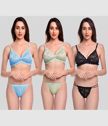 LadySoft Pack of 3 Lace Women's Bra & Panty Set ( Multicolor ) Bikni-Set