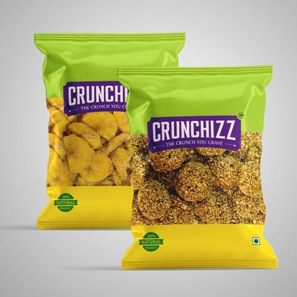 CRUNCHIZZ Authentic Kerala Style Jaggery Coated Banana Chips & Sesame Chikki White Combo I Traditional South Indian Recipe I No Artificial Additives I Perfect Munchy Bites I Pack of Two I 100 Grams Each I Total 200 Grams