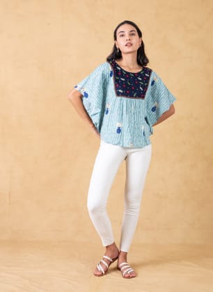 Grey Printed Kaftan Top With Embroidery-S