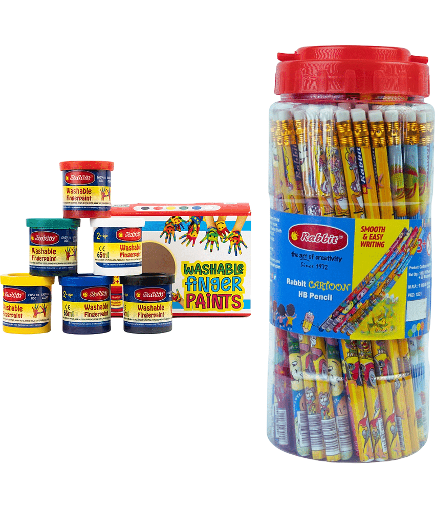 Artiggle Cartoon Picture HB Pencil pack of 100 + Creative Fun Finger Paint Set for Kids - Washable and Non-Toxic - 6 Vibrant Colors - Mess-Free,Hand Painting Colours for Kids (65 ML)
