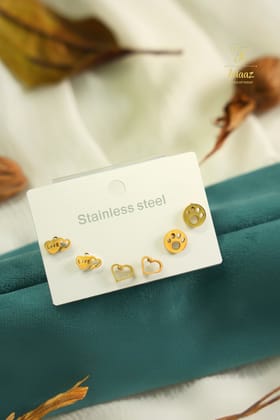 Cute Stainless Steel Studs Pack Of 3 Pairs - Paw, Heart and Love-Gold