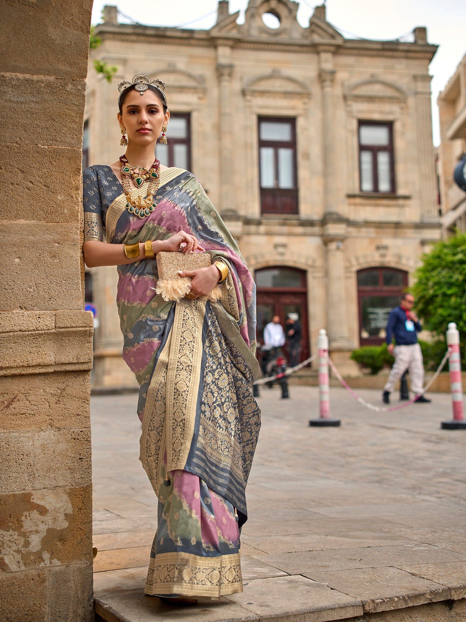 Grey Soft Silk Bnarasi Woven Saree