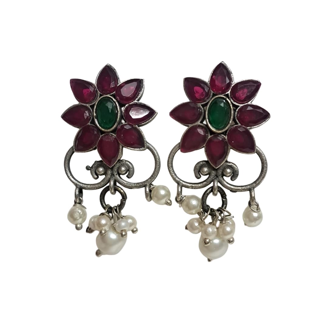 Anvaya Collections Floral Drop Earrings, Red and Green Stone with Pearl Danglers, Antique Silver Finish