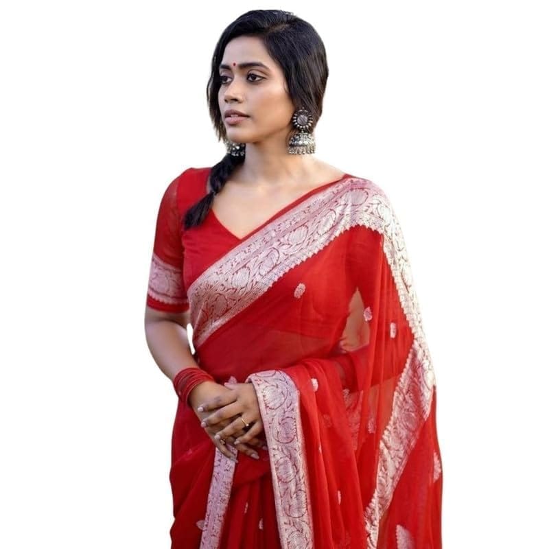 Women's Cotton Printed Saree With Unstitched Blouse 5.5Mtr (Red)-PID60218