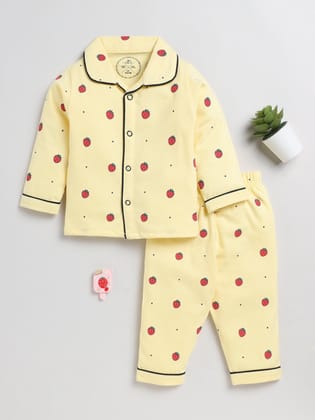 Strawberry Print Yellow Full Sleeve Nightwear Set-6-9 m