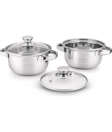 Classic Essentials Casserole with Glass Lid Silver Steel Serve Casserole ( Set of 2 , 1050,2100 mL )