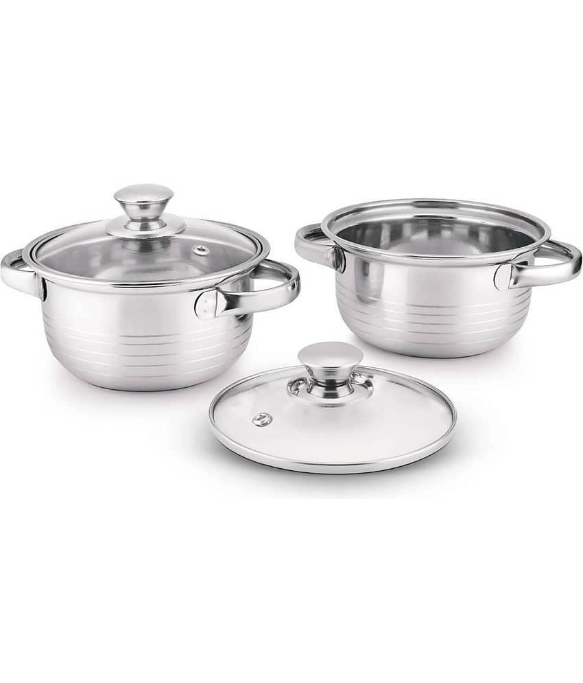 Classic Essentials Casserole with Glass Lid Silver Steel Serve Casserole ( Set of 2 , 1050,2100 mL )