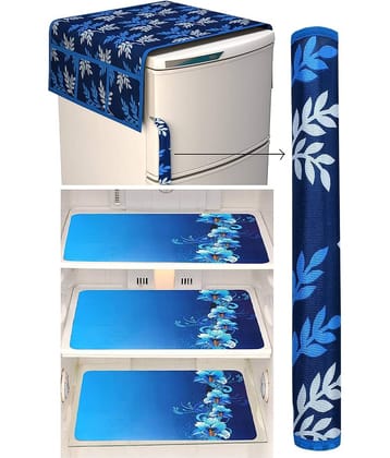 Crosmo Polyester Floral Printed Fridge Mat & Cover ( 64 18 ) Pack of 5 - Blue
