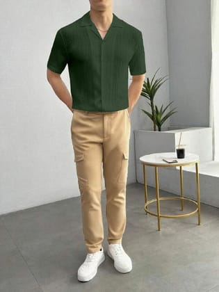 Evergreen Comfort: Men's Dark Green Seersucker Shirt for Casual Wear by GlamaStitch-M