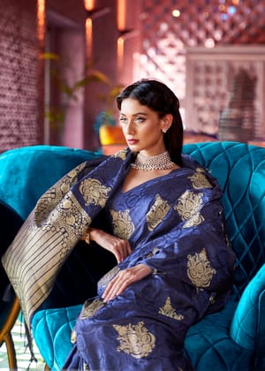 Royal Blue Soft Satin Silk Banarasi Saree
