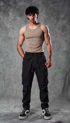 Muscle-Up Ribbed Tank - Beige & Impact Woven Cargos - Black-S