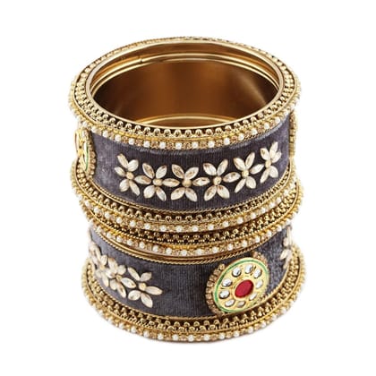 Set Of 6 Mehndi Gold Plated Kundan and Velvet Chura Bangles