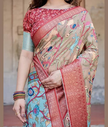Almaari Fashion Cotton Silk Printed Saree With Unstitched Blouse Piece ( Brown )