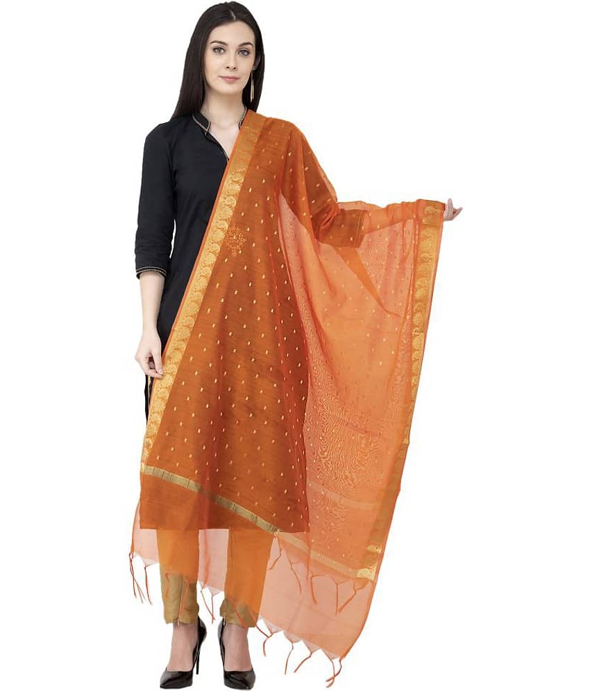 A R Silk Orange Chanderi Hand Embroidered Dupatta - Single