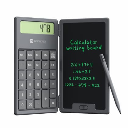 Portronics Ruffpad Calc, 2 in 1, Foldable Design, 6.5 Inches Screen, Calculator, One-Tap Erase (Black)