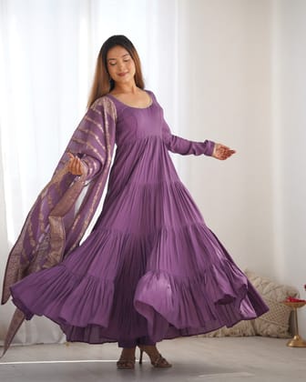 Mauve Purple Pure Romansilk Chanderi Anarkali Set with Banarasi Jacquard Dupatta-xs