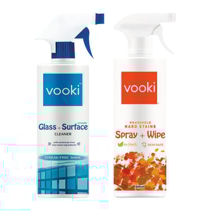 Vooki Nature Smooth Glass Surface Cleaner and Ecofriendly Hard Stains Spray and Wipe - 500 ml Each, (Combo Pack of 2)