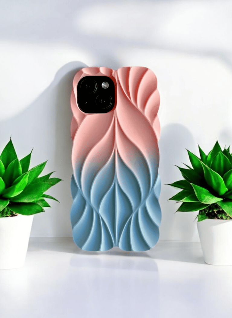 3D Leave Design Pink Blue Dual Tone Silicon Case for iPhone 15