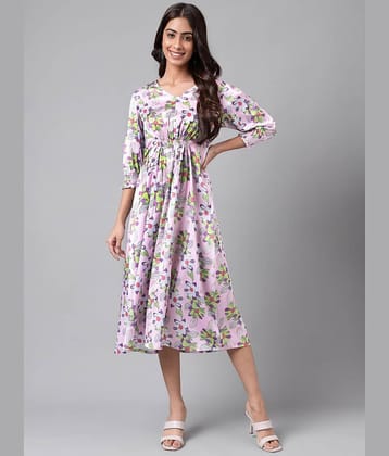Janasya Women Satin Printed A-line Dress ( Lavender )
