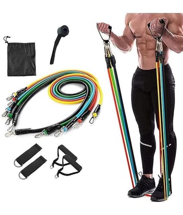 Resistance Bands 11 pcs Set, Stretching and Exercise, Toning Tube kit with Door Anchor, Foam Handles, Leg Ankle Strap and Carry Bag and Box Packaging for Men & Women Workout at Home & Gym, P