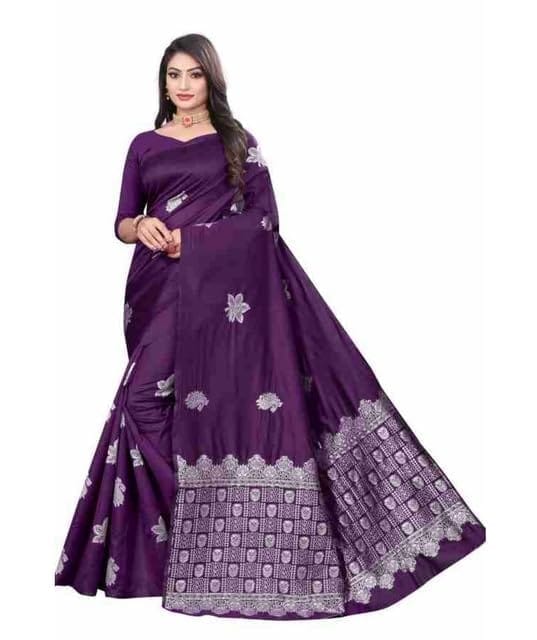 Women's Soft Lichi Silk Printed Saree With Unstitched Blouse 5.5Mtr (Purple)-PID63573