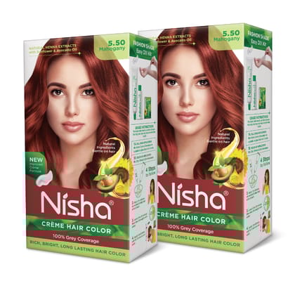 Nisha Creme Hair Color 5.50 Mahogany 120g Pack of 2, Permanent Hair Colour for Women Men, No Ammonia, 100% Grey Coverage