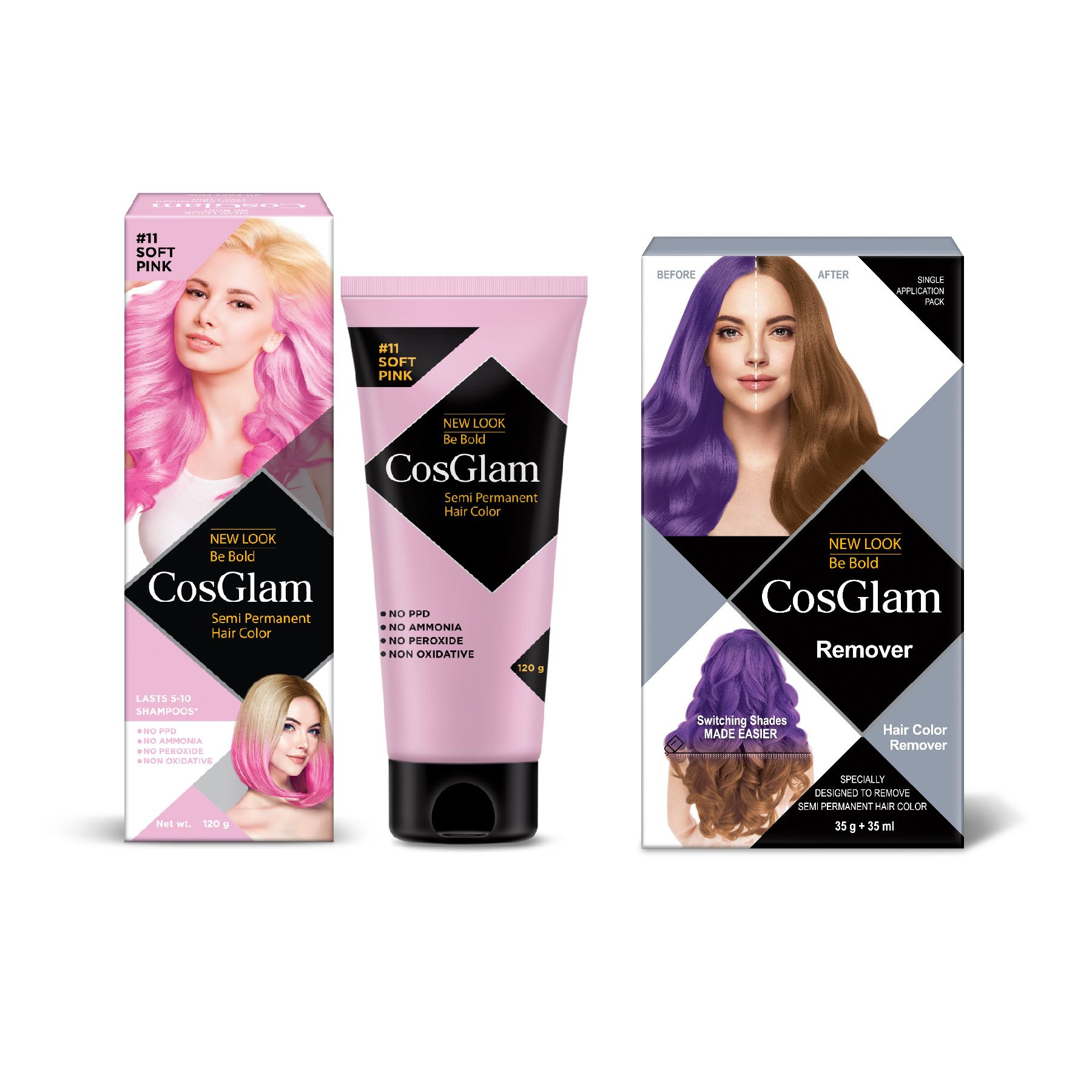 COSGLAM Semi Permanent Hair Color Soft Pink 120g and Hair Color Remover 70ml, Switching Shades Made Easy