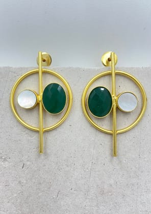 Gold Plated Circular Emerald Quartz Drop Earrings