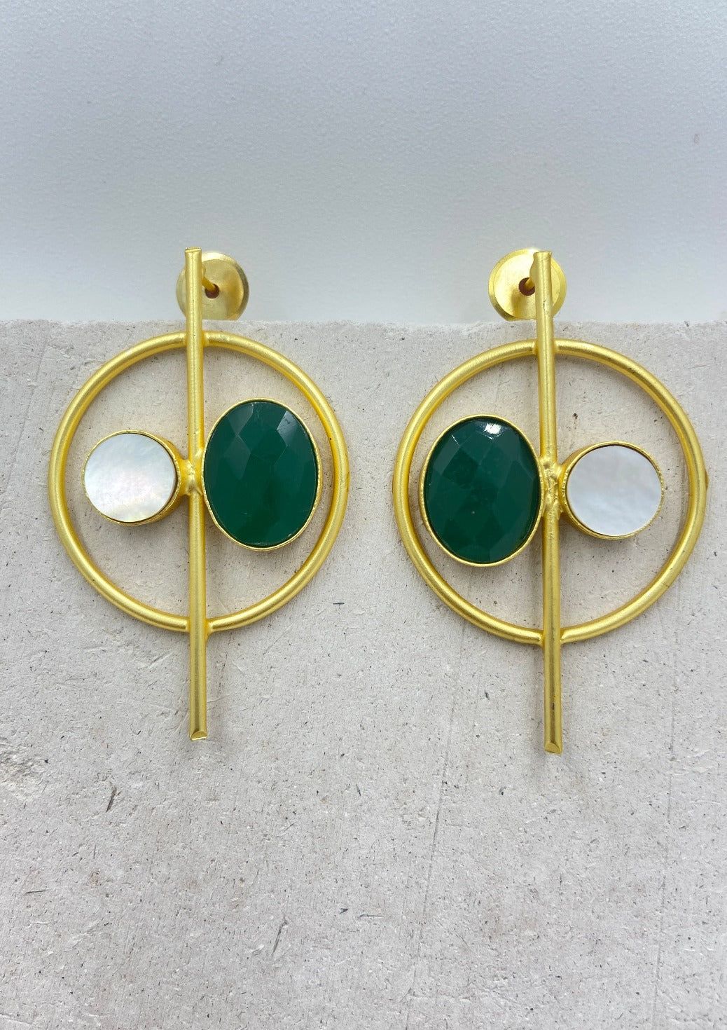 Gold Plated Circular Emerald Quartz Drop Earrings