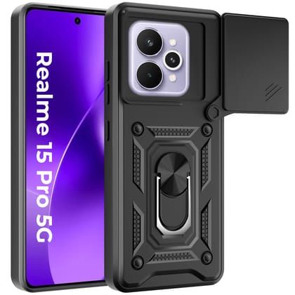 A rtistque Armor Bumper Back Case Cover for Realme 15 Pro 5G | Stylish Ring Holder & Inbuilt Stand | Sliding Camera Cover | Shockproof TPU Protective Design | Realme 15 Pro 5g Back Cover - Black Premium Armor Series-Black
