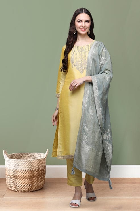 Yellow Poly Silk Floral Straight Suit Set PKSKD1476