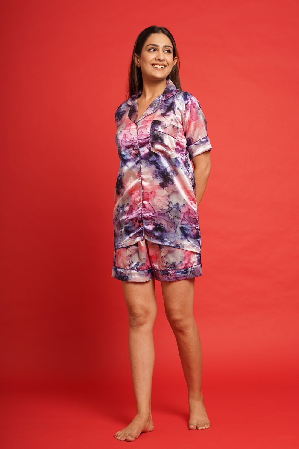 Resin Art Dark Blue and Pink Half Sleeve Shorts Set-S / Multicolor / Modal Satin
