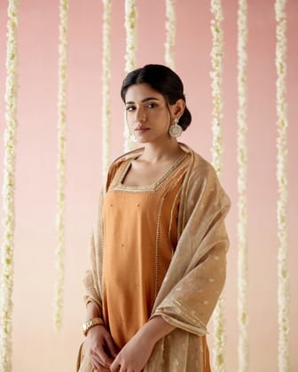 Rustic Burnt Orange Kurta with Wide Leg Pants - Set of 2-XXS / XXS