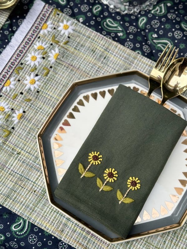 KRI India Bloom Set of 6 Sunflower Table Napkins| Black; Blue; Blush Pink; Crimson; Lavender; Maroon; Mustard; Off-white; Turquoise; Pink; Navy Blue; Olive Green | Bottlegreen | 16x16 inches | Wash & Care | 100% Cotton | Handcrafted in India.