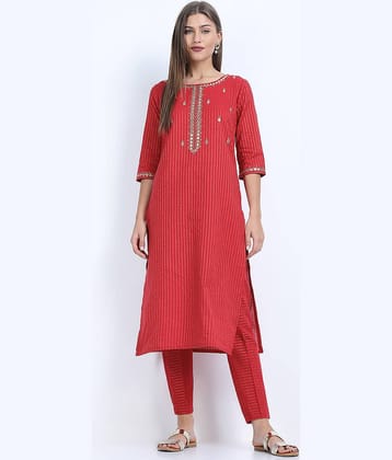 Vishudh Women Cotton Striped Straight Kurti With Pants ( Red )