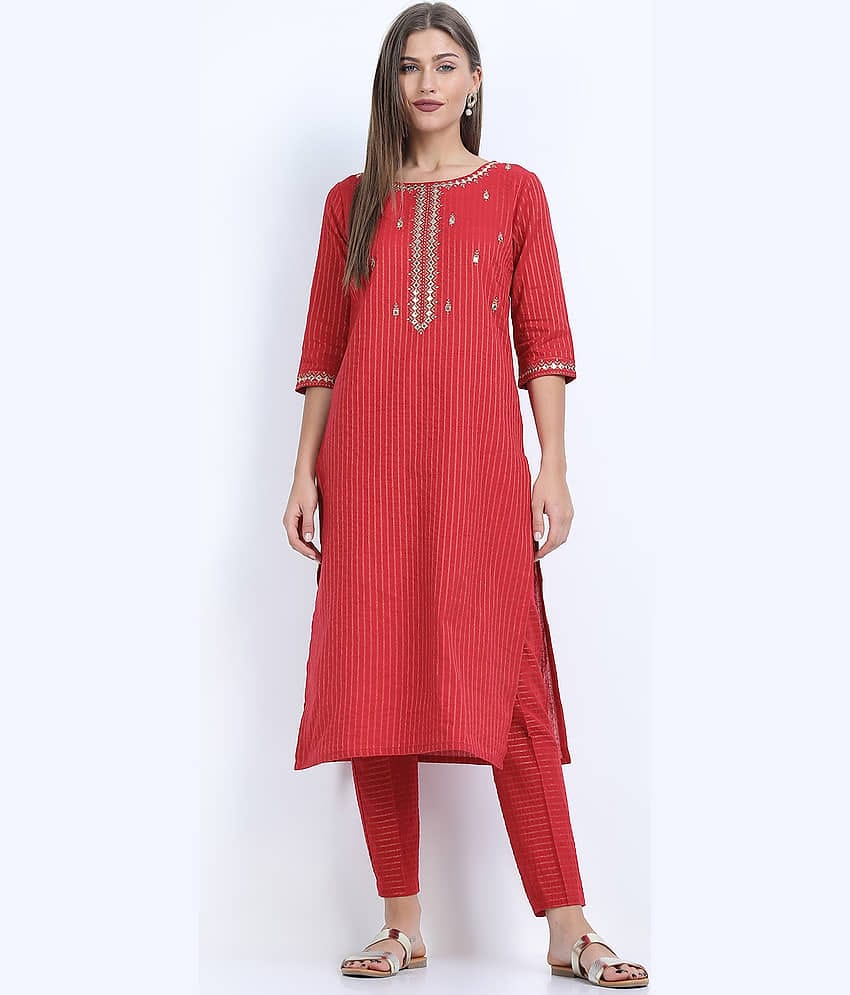 Vishudh Women Cotton Striped Straight Kurti With Pants ( Red )