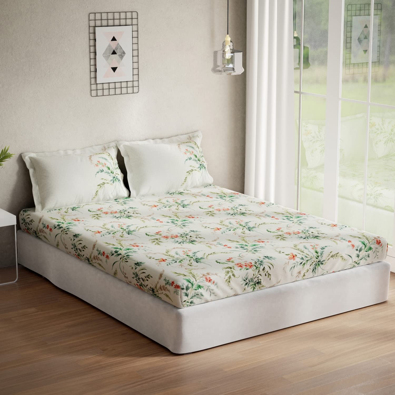 DDECOR - Optima Collection 100% Cotton Floral Pattern 136TC Queen Bedsheet |224 CM X 254 CM| Green