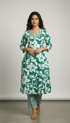 Sea Green Floral Cotton Kurti Pant Set for Women | V-Neck Printed Kurti with Striped Pants | Casual Daily Wear