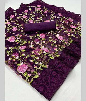 Aika Net Embroidered Saree With Unstitched Blouse Piece ( Wine )
