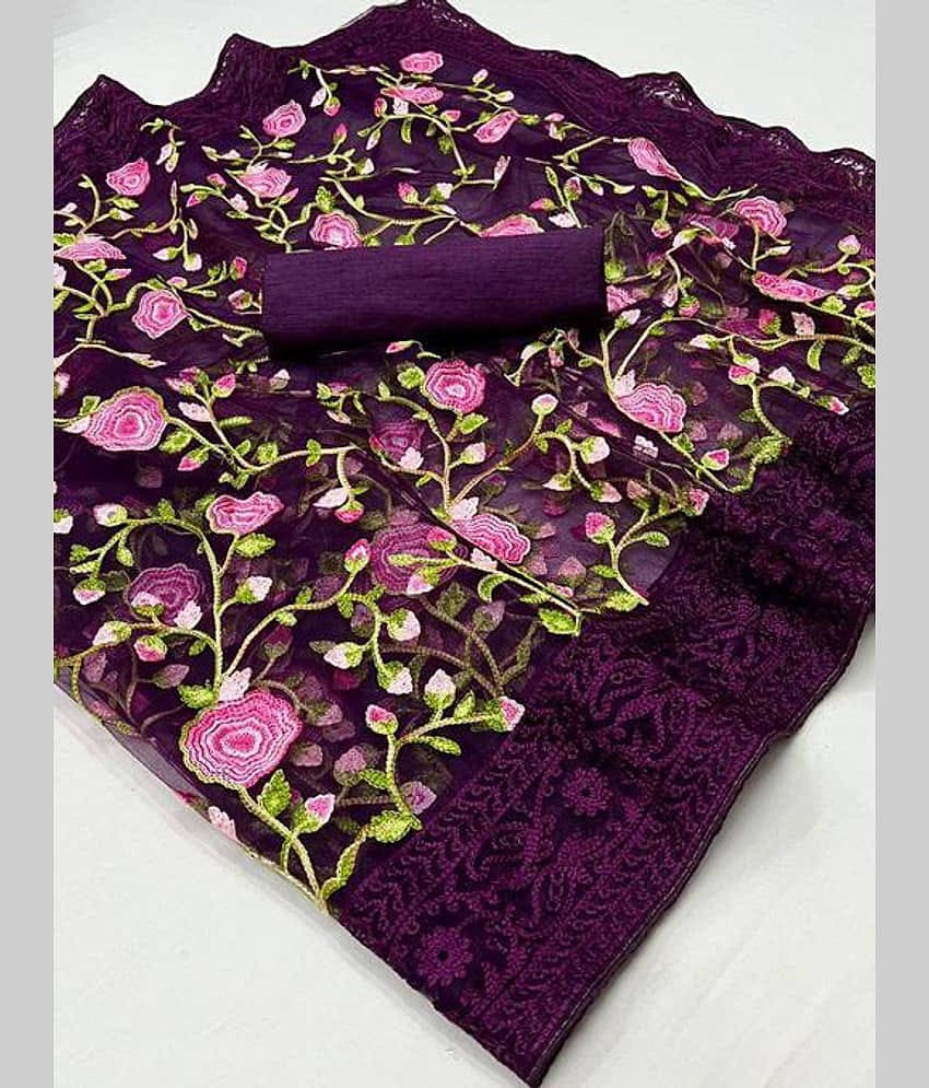 Aika Net Embroidered Saree With Unstitched Blouse Piece ( Wine )