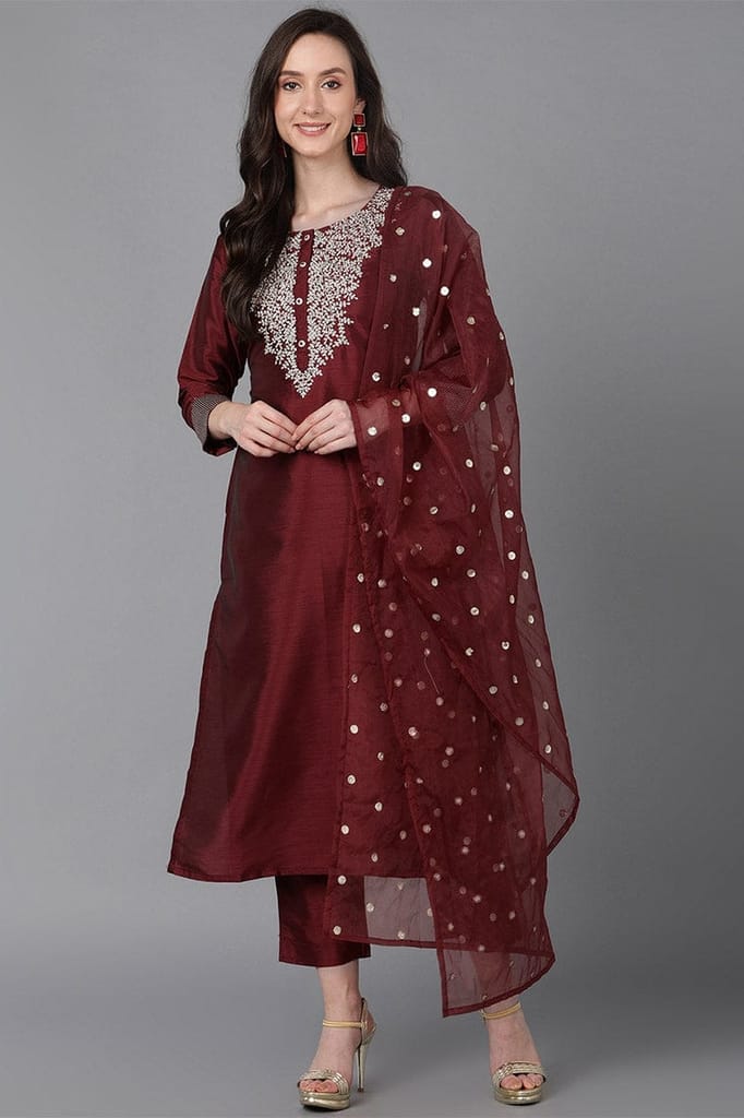 Maroon Poly Silk Solid Yoke Design Kurta Trousers With Dupatta PKSKD1587 - Kurtas & Kurta Sets | Buy online on ZillyBuy