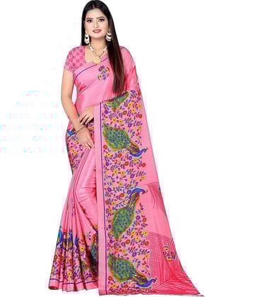 LEELAVATI Crepe Printed Saree With Unstitched Blouse Piece ( Pink )