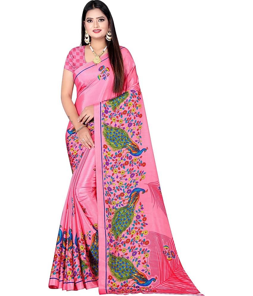 LEELAVATI Crepe Printed Saree With Unstitched Blouse Piece ( Pink )