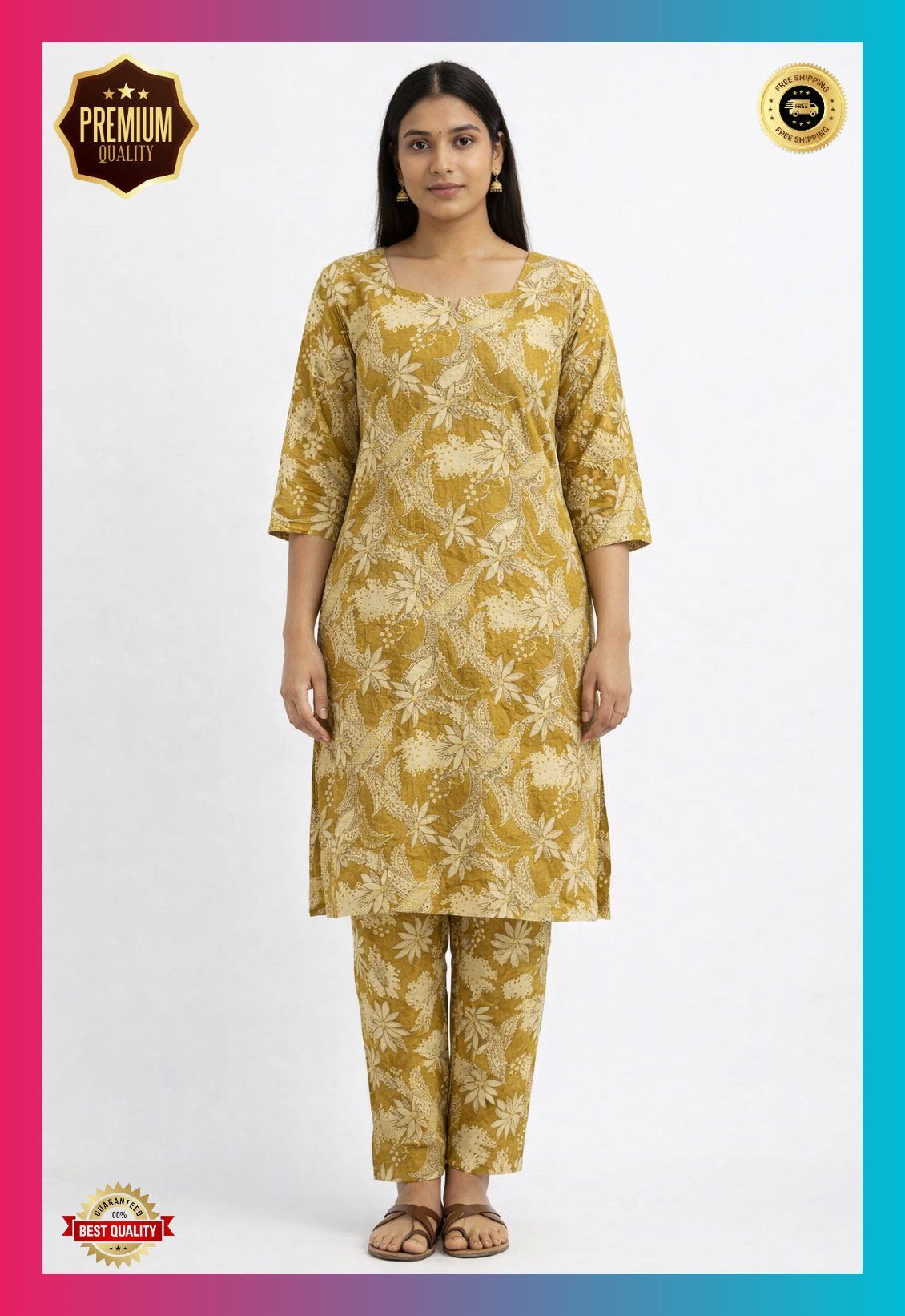 Women Cotton Printed Straight Kurti Pant Set | Floral Printed Kurta with Pant | Casual Daily Wear Ethnic Kurti Set for Women